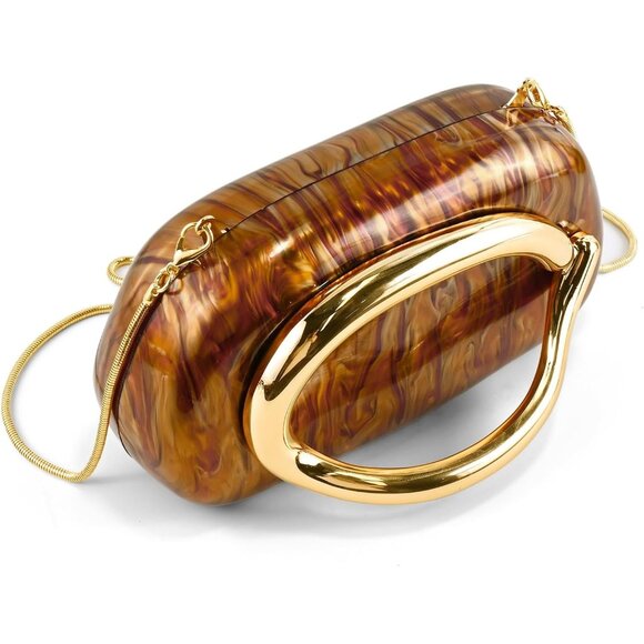 Womens Brown Marble Evening Formal Clutch Trendy Shoulder Metal Strap Handle Bag - Picture 2 of 7
